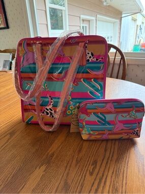 Vibrant Striped western Tote and Pouch Set - Pink & Teal